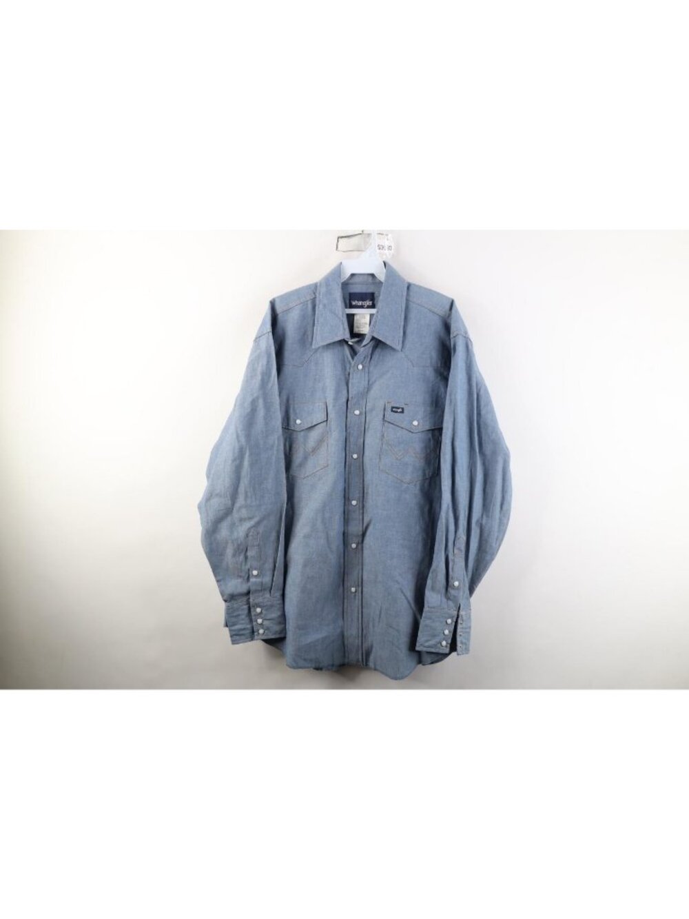 Deadstock Vintage 90s Wrangler Mens XL Chambray Western Snap Button Shirt Blue